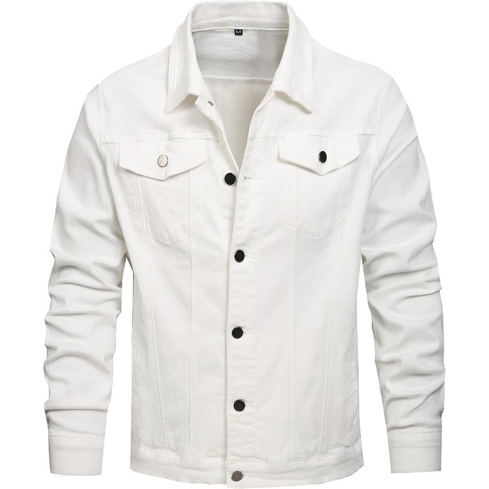 Men's Jean Jacket Distressed Slim Denim Jacket Long Sleeves Button Down White